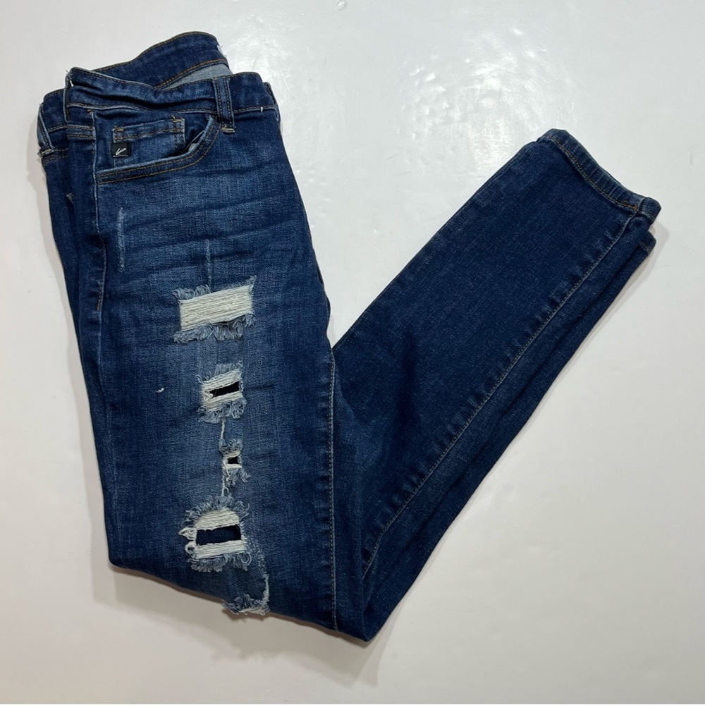 Kancan Skinny Distressed Mid Rise Stretch Blue Jeans, Size 7/27